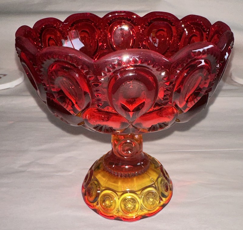 Ruby Red Amberina Footed Compote Candy Dish Moon & Stars Vintage Scalloped Rim