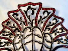    Statement Art Deco Large Amber Cellulose Fan Hair Comb W Red Rhinestones