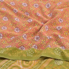 Sanskriti Vintage Sarees Indian Orange Printed Pure Crepe Silk Sari Craft Fabric