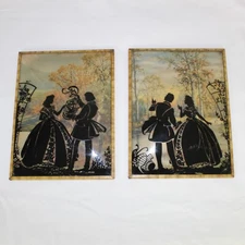 VTG Victorian Silhouette Reverse Bubble Convex Glass Art 8"x6" Couple Free Bird