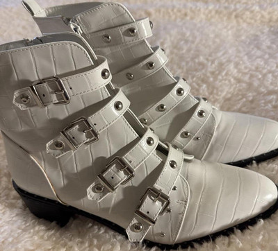 Lane White Crocodile Print Biker Ankle Boots Straps Buckle Studded Pointed Toe