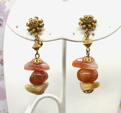 RARE Vintage Miriam Haskell Faux Stone Dangle Earrings Gold Tone Clip On Backs