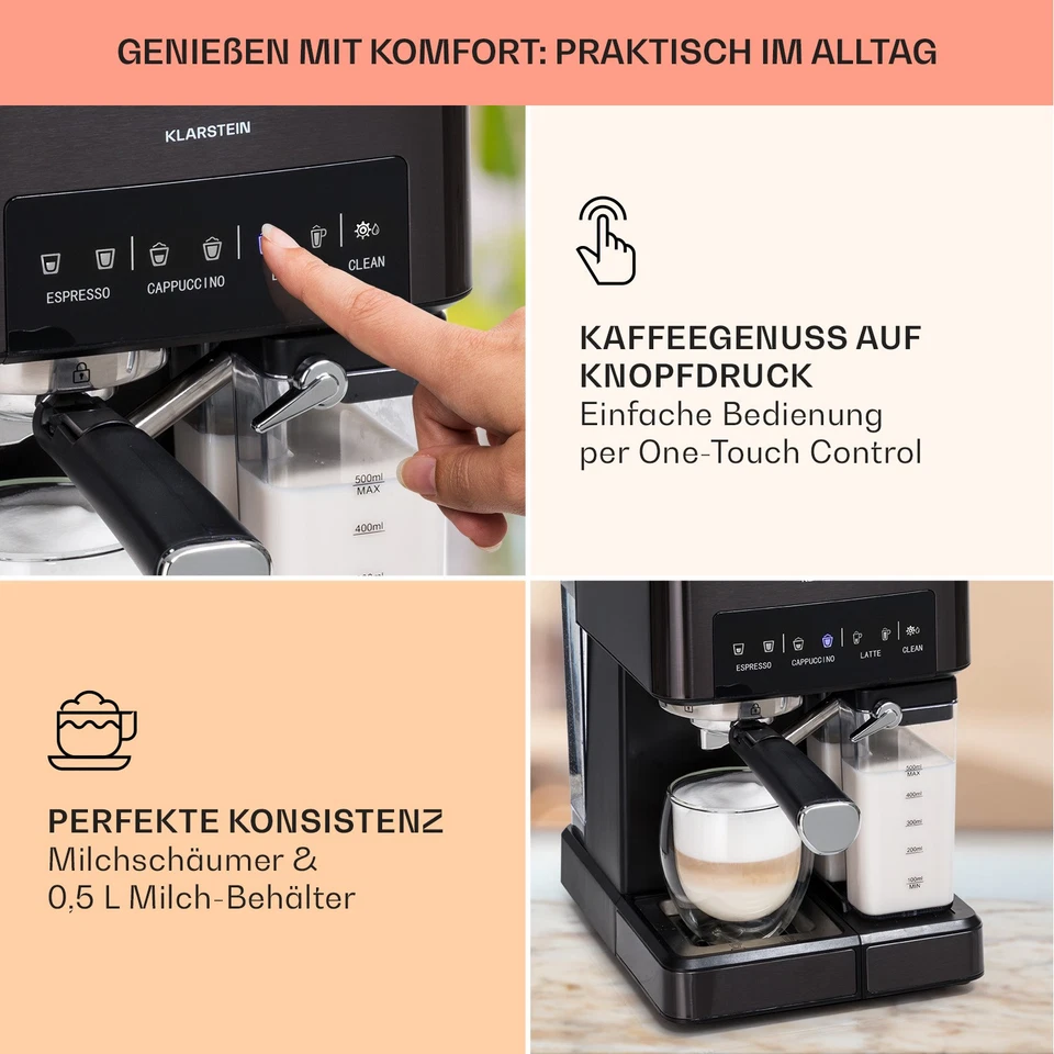 Espressomaschine Siebträger Kaffeemaschine Milchschaum 20 Bar 1,8L Touch Schwarz - Bild 4 von 4