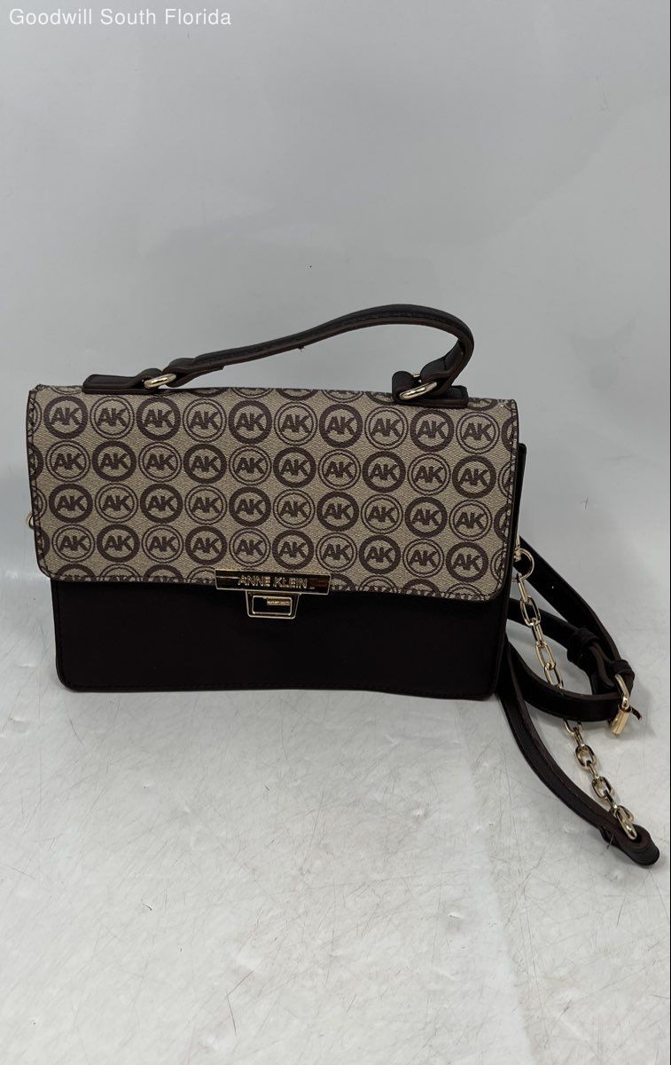 Anne Klein Womens Brown Monogram Adjustable Strap Convertible Crossbody Bag