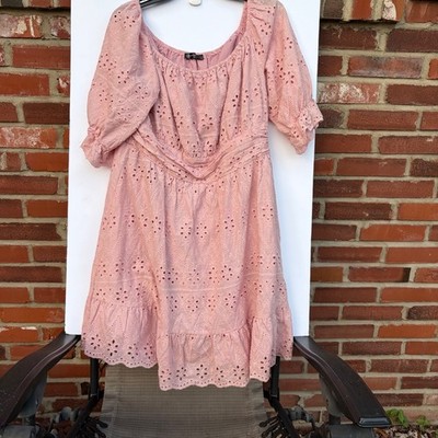 PrettyGarden Pink Eyelet Lace Mini Dress Smocked Waist Short Sleeve Boho Large