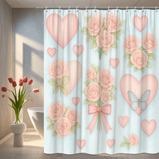 Cute Pink Floral Shower Curtain with Hearts and Butterflies