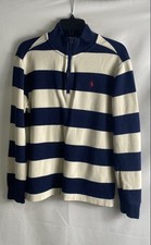 Polo Ralph Lauren Boys Blue White Striped 1/4 Zip Sweater Size L 14-16