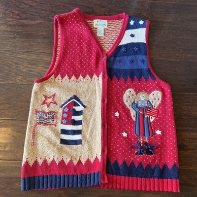 VTG Quacker Factory Patriotic Sweater Vest S Knit 90s Embroidered Red Blue EUC