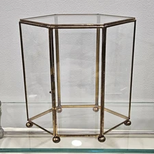 Vintage Small Brass Metal & Glass Display Curio Case Hexagon Shape Door