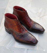 Genuine Handmade Leather Ankle Boots Men's Unique Crocodile Pattern Shoes