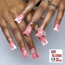 24 Pcs Pink Press on Nails French  Medium Fake Nails Charms Pearl Duck Style 14