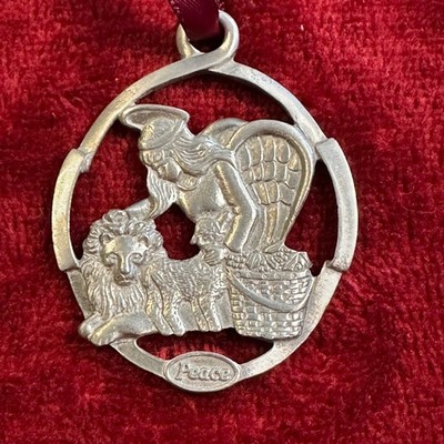 Longaberger 1993 Peace Ornament Angel Lion and Lamb Silver Tone Vintage Holiday