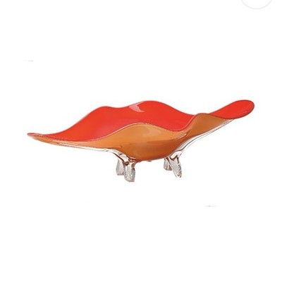 Viz Art Glass Ember Glow Four-Footed Hand Blown Art Glass Bowl Red Orange Clear