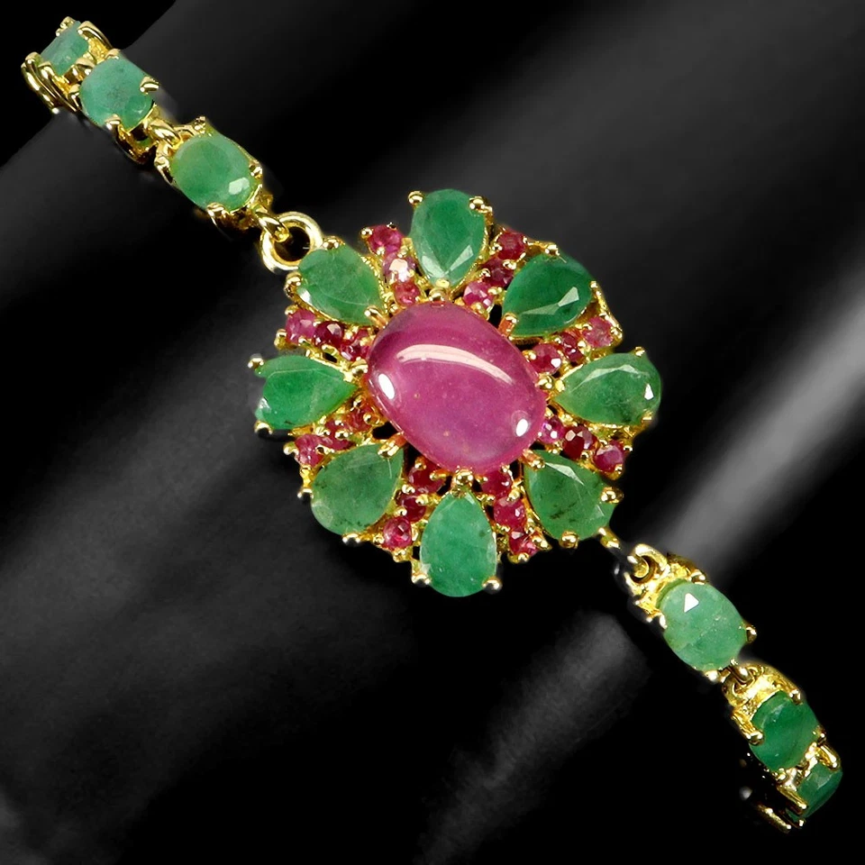 925 Sterling Silver Bracelet Oval Ruby 10x8mm Emerald Gemstone Jewelry 7.5inches - Image 2 of 4