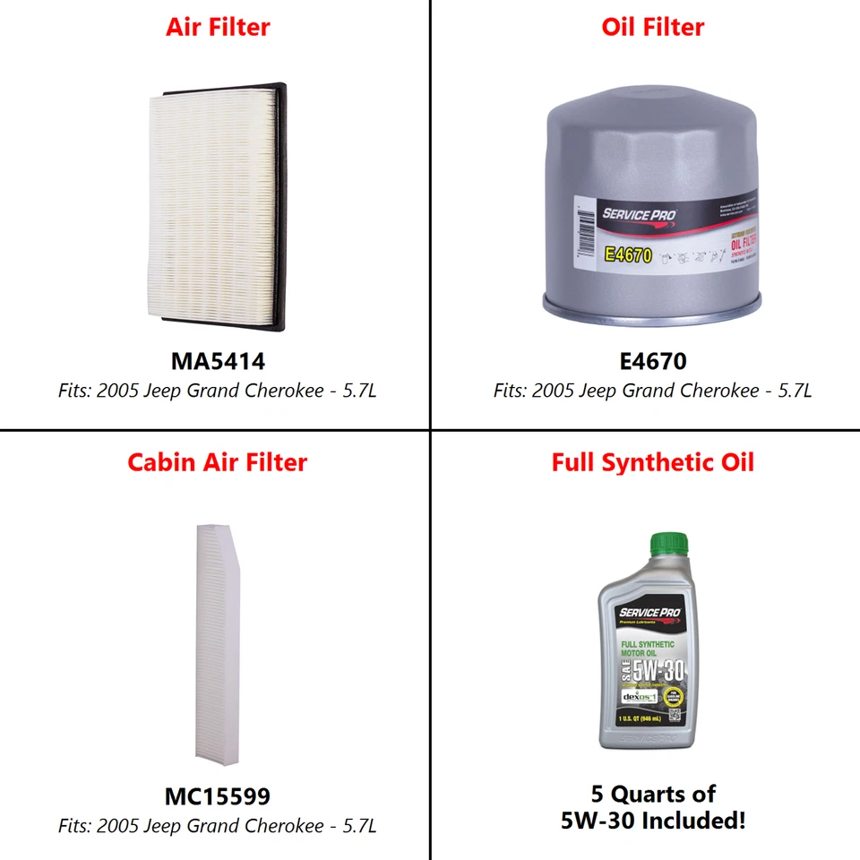 2005 Jeep Grand Cherokee 5.7L Complete Oil, Air & Cabin Filter Kit (5W-30) — 第 2/4 张图片
