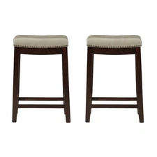 Linon Kingston Brown Wooden Backless Counter Stool with Beige Faux Leather Up...