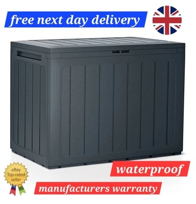 STOLMET Waterproof Garden Storage Box 190L, Shed Porch Plastic Wood Effect Grey