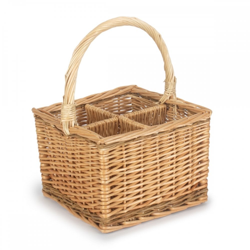 4 Wine Bottle Basket Light Brown Full Buff & Unpeeled Wicker Carrier