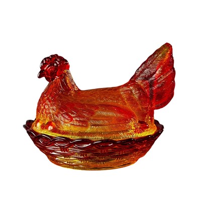 L.G. Wright Red Amberina Hen on Nest Uranium Glowing Large Vintage Glass