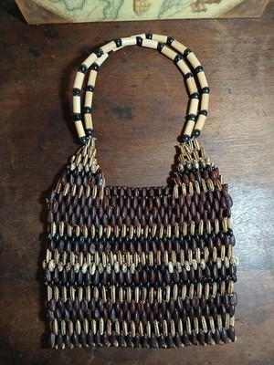 Handmade Beaded Wooden Tote Bag with Patterned Design