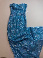 Strapless Teal Sequin Lace Prom Dress
