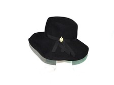 Vintage Ritz M Black Wool Felt Hat Wide Brim Ribbon Band Gold Leaf Henry Ross