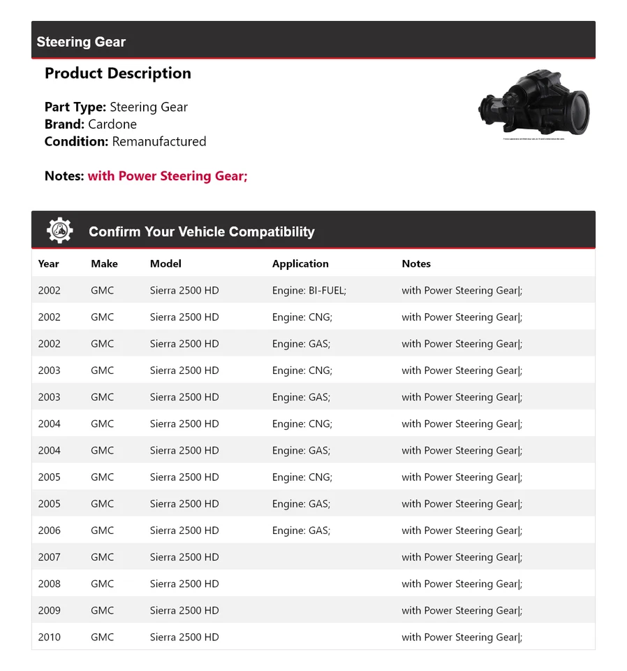 Для 2002-2010 GMC Sierra 2500 HD рулевое управление Cardone 2003 2004 2005 2006 2007 - Изображение 2 из 4
