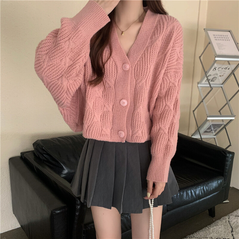 Autumn V-Neck Knitted Cardigan Skirt Set-Up