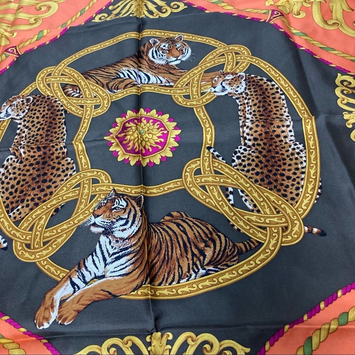 Salvatore Ferragamo Safari Tigers Gold Silk Scarf Vintage hand