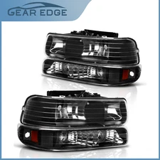 For 99-02 Silverado 00-06 Tahoe Suburban Headlights w/ Bumper Lamp Black Housing