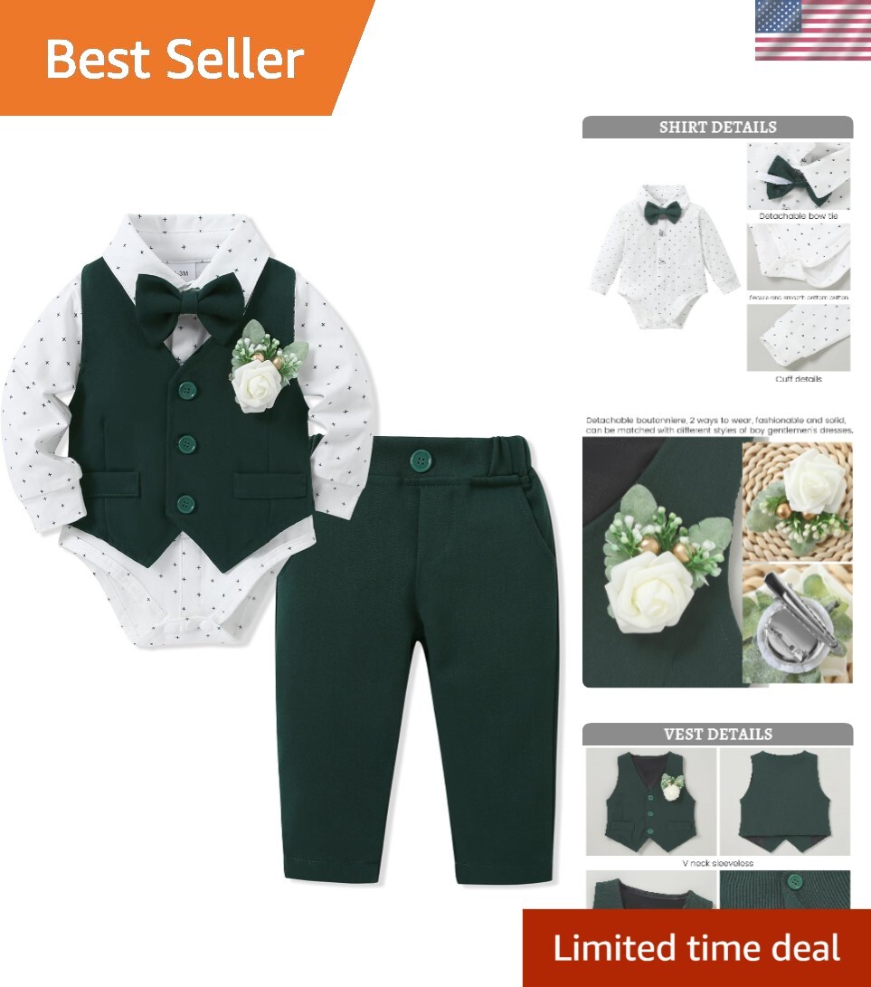 Elegante Conjunto de Traje de Caballero Infantil con Camisa con Cuello y Pajarita en Verde, 3-6M