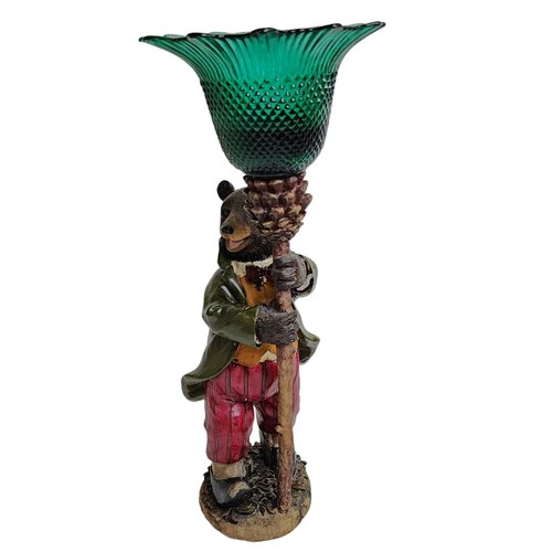 Vtg Pair 2 Bears Candlesticks Holders w Globes Fancy Dressed Bears Resin Cabin - Picture 15 of 24