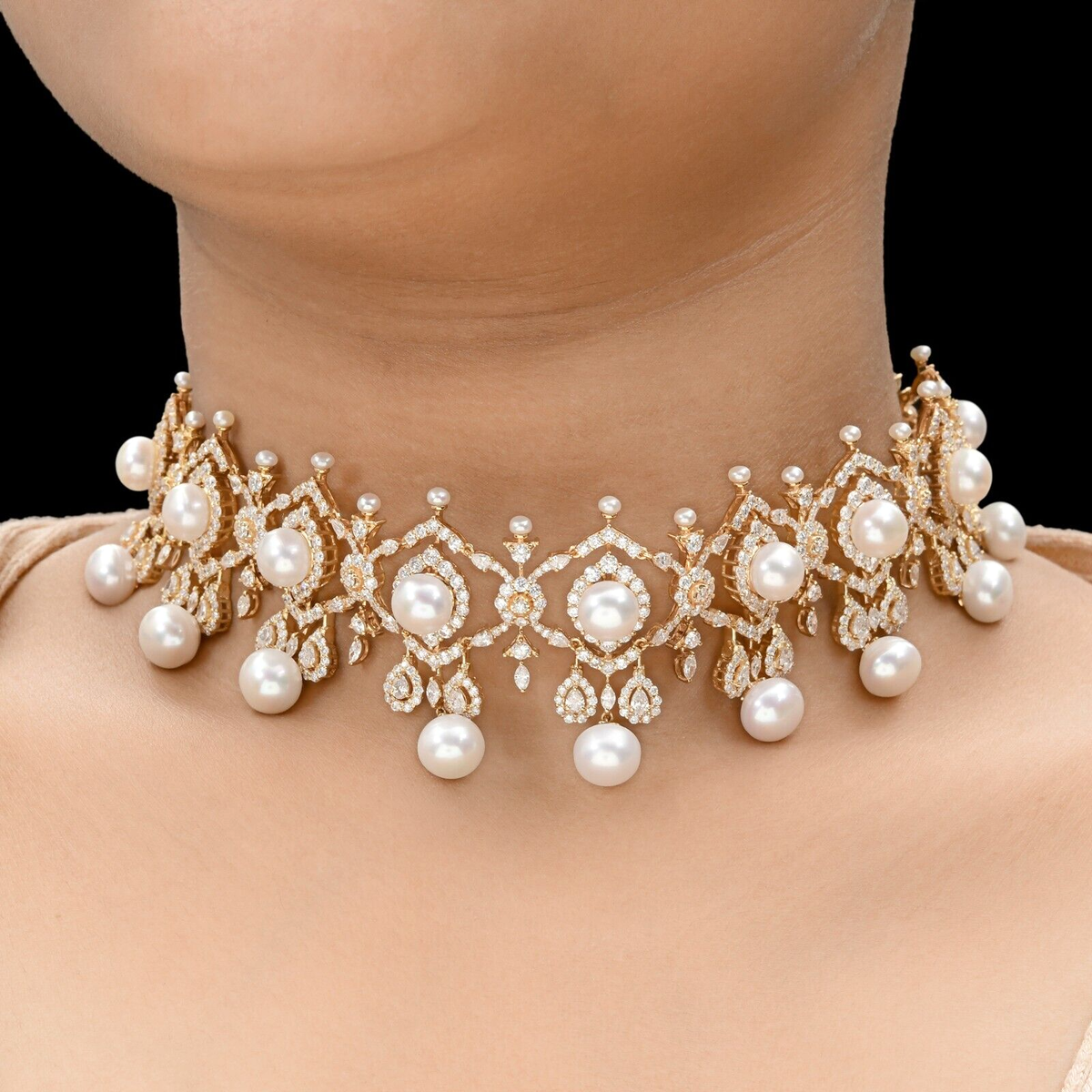 Tcw Lab Grown CVD Diamond Pearl Choker Wedding Necklace 18k Yellow  Gold