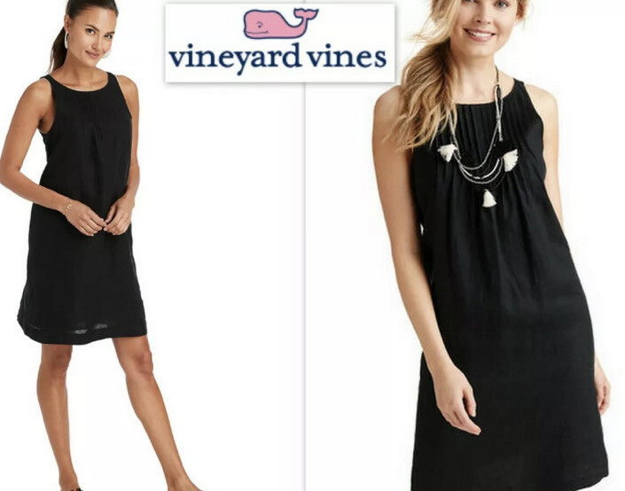 VINEYARD VINES Black Linen Pintuck Cisco Swing Sleeveless Dress Size 8 EUC
