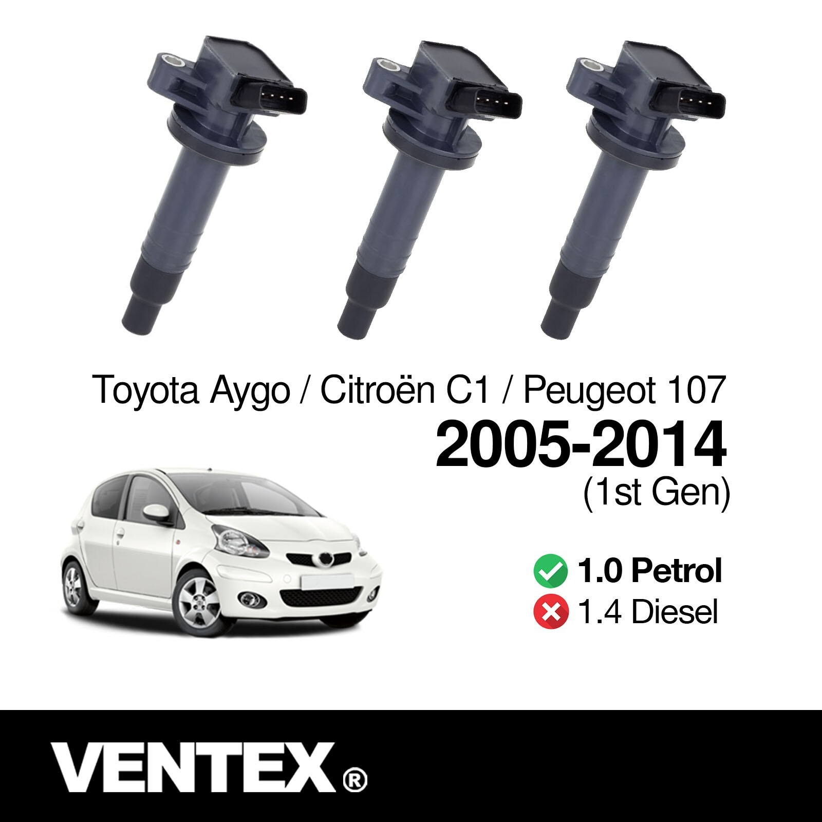 VENTEX® Ignition Coil Pack x3 for Toyota Aygo Citroen C1 Peugeot 107