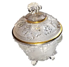VTG Jeannette Glass Footed Lidded Candy Dish Clear Gold Trim Grapes & Leaves