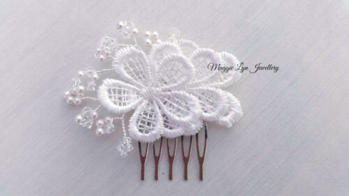 Small silver Bridal hair comb slide, lace flowers, crystals pearls UK  - 第 1/2 張圖片
