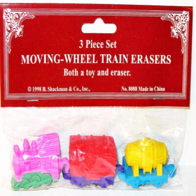 TRAIN ERASER SET Mint Toy /Factory Sealed 3-Piece MOVING Wheels! Shackman
