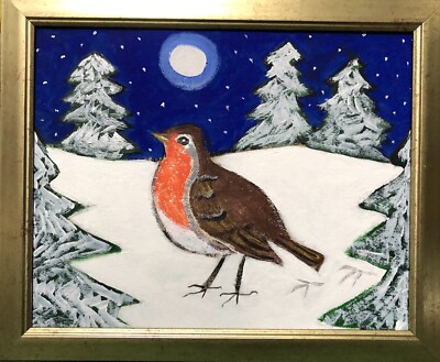 Original Gemälde Rotkehlchen im Schnee, Volkskunst/Naive Kunst, Vogel, Mondlicht, Kiefern