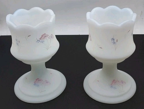 2 Fenton CandleHolder HandPainted Signed OpalSatinFrosted Berries & Blossom 4.5"