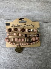 4- Fashion Jewelry Beaded Stretch Bracelets Stackable Set Nude Brown Gold