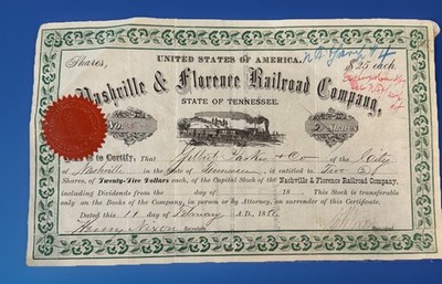 Nashville & Florence RR Stock 1880 Signed Col. W.H. Nixon Corp Seal TN AL L&N RR