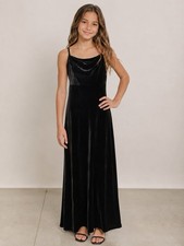 Azazie Junior's 8 Girls Black Velvet Maxi Dress Spaghetti Straps Back Zipper J8