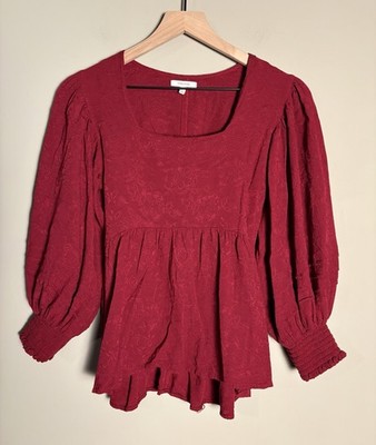 Burgundy Floral Brocade Tie Back Bishop Sleeve Babydoll Top Regency Coquette XS