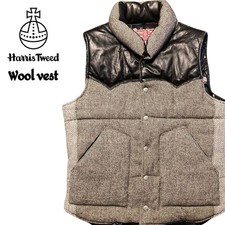 Harris Tweed 90s Wool Puffer Vest Leather Yoke Gray/Black Size M HT1225150