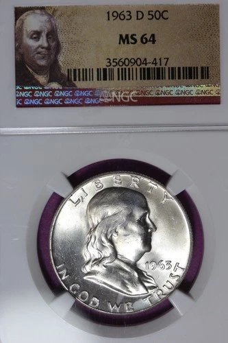 1963 D NGC 50C MS64 FRANKLIN HALF DOLLAR #B51879