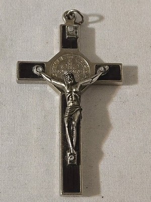 St Benedict Crucifix Cross Silver Plated Medal Dark Brown Enamel Cruise 3'' Penda
