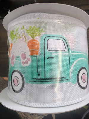 Wired Easter White Ribbon With Teal Pickup Truck And Bunny 2-1/2'' x 30 Ft NEW