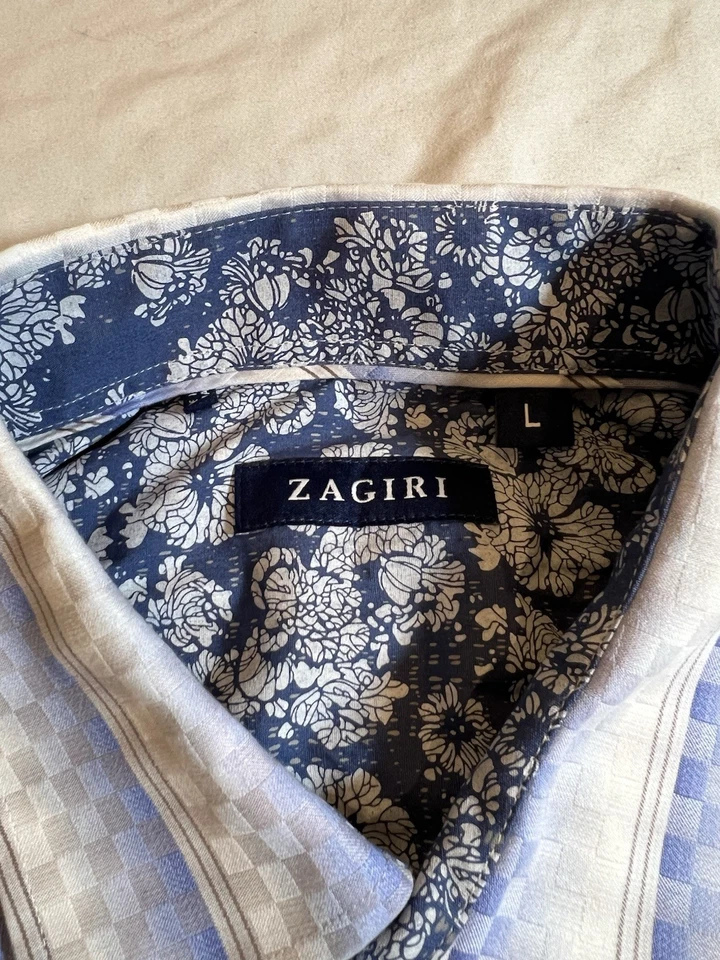 Camisa social masculina Zagiri quadriculada 3D geométrica azul grande manga longa com botões - Imagem 2 de 4