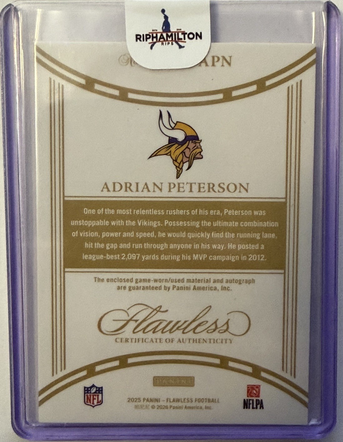 2025 Panini Flawless Adrian Peterson Game Used Patch Auto 11/15 GUMS-APN view 2
